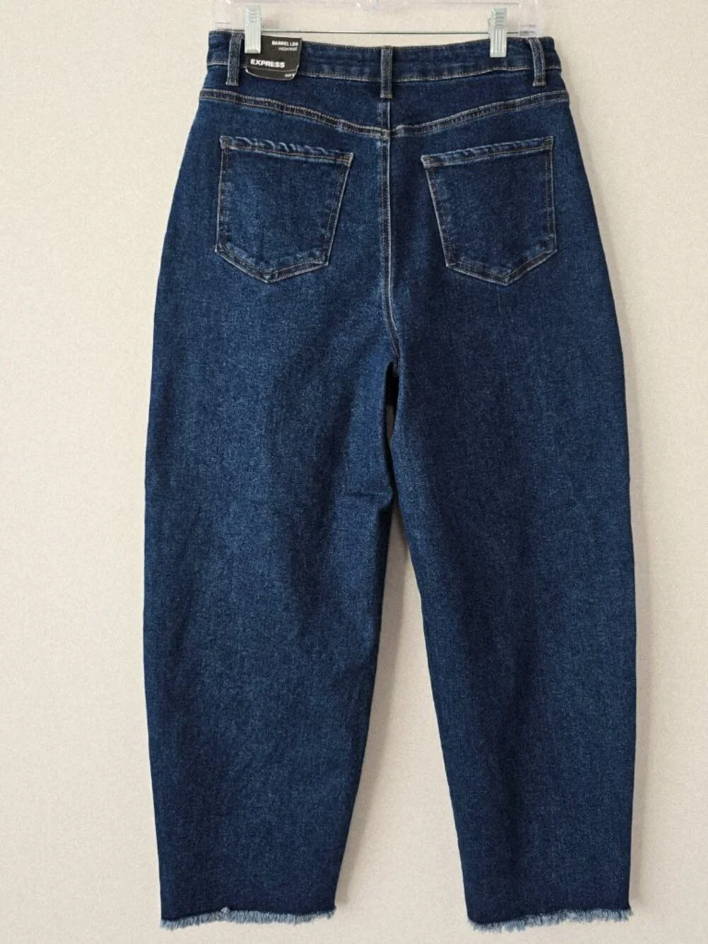 Express High Rise Barrel Jeans 8 Dark Wash Raw Hem NWT
